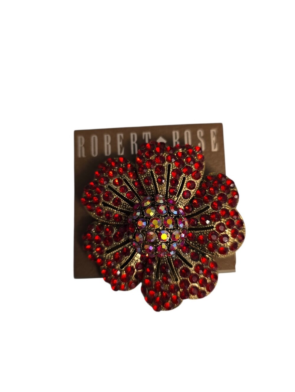 Vtg Robert Rose Large Gold Tone Red and Aurora Borealis Rhinestones Flower Pin